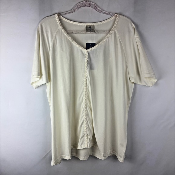 Laurie Felt Tops - Laurie Felt Top Large Ivory Braided V-Neck Boho Chic Coastal Grandma Soft Bamboo